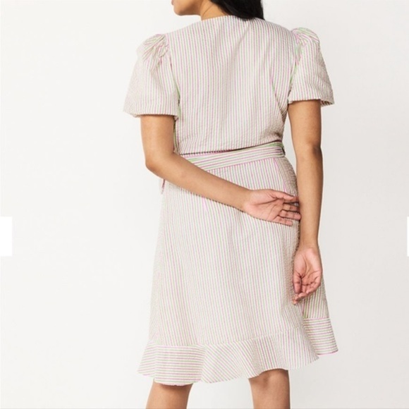 NWT Draper James RSVP Pink Green Striped Seersucker Puff Sleeve Wrap Dress, Sz S - Picture 5 of 10